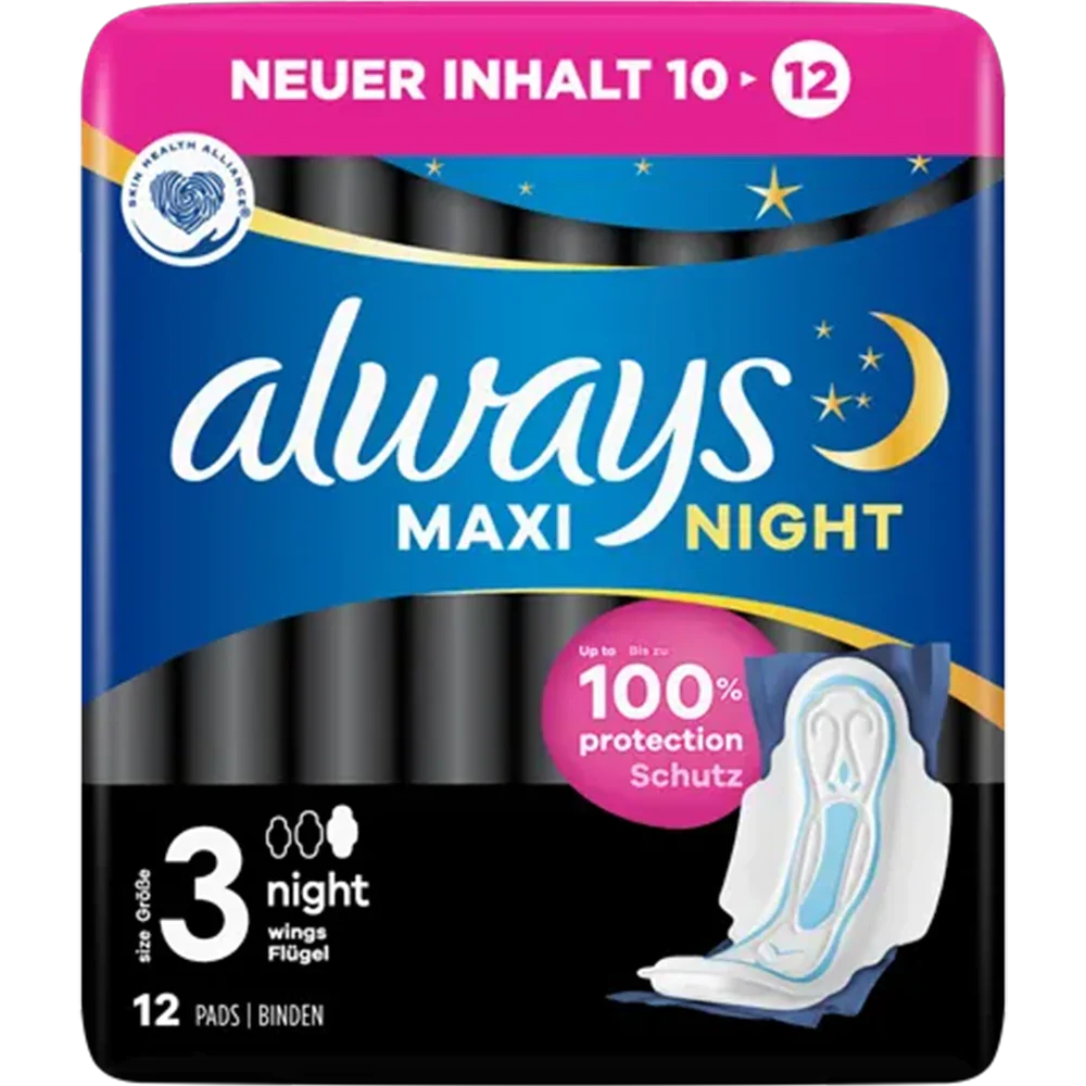 Always Maxi Binden Night m. Flügel 12er, Gr. 3